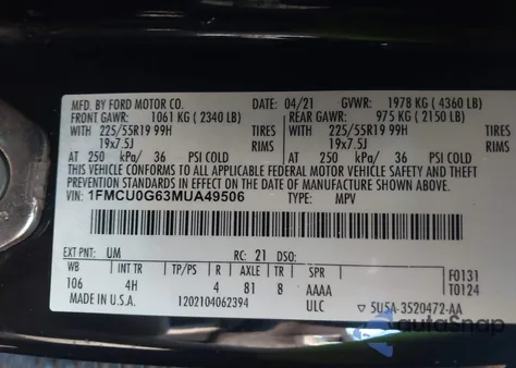 2021 Ford Escape Se z USA, uszkodzony, nr VIN 1FMCU0G63MUA49506